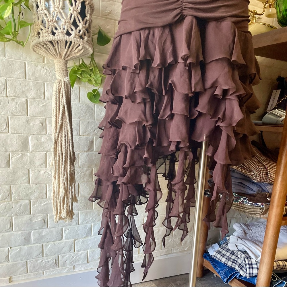 VTG Y2K BCBG MAXAZRIA Brown Ruched Halter Chiffon Ribbon Asymmetrical Dress - Picture 7 of 16